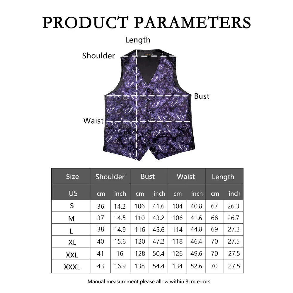 DiBanGu Для Мужчин's фиолетовый, черный Пейсли жилет платок галстук запонки костюм с платком Комплект Pocket Square Set MJ-105