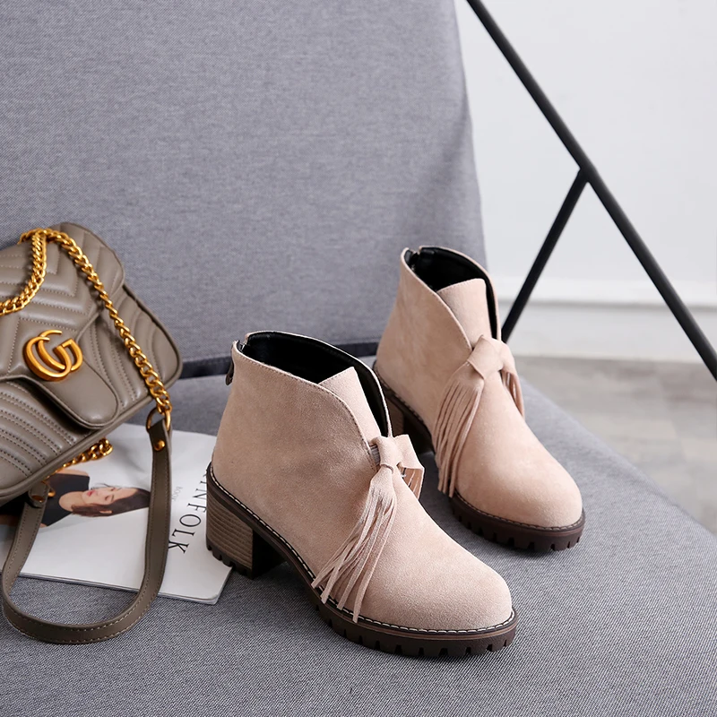 

Women ankle boots 2019 Thick heel Round Toe slip autumn Fringe women shoes back zipper martin boots plus siz43