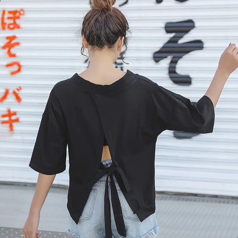 

summer 95% cotton black White top tshirt Loose short Sleeve T-Shirt For Women Korean Basic solid Tees girl V-Neck Casual t shirt
