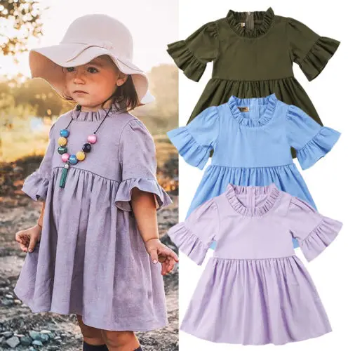

2018 New Summer Baby Kids Girl Flare Sleeve Dress Princess Girls Party Casual Holiday Beach Dress Solid Sundress Clothes