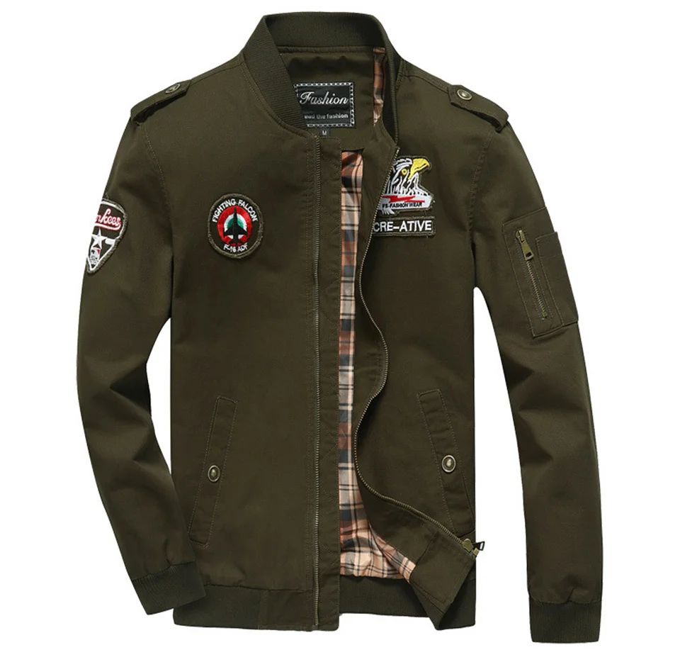 Хлопковая мужская летная куртка Ziper, модная клетчатая подкладка, военный летчик ВВС, Авиатор, военная армейская Зеленая Мужская куртка