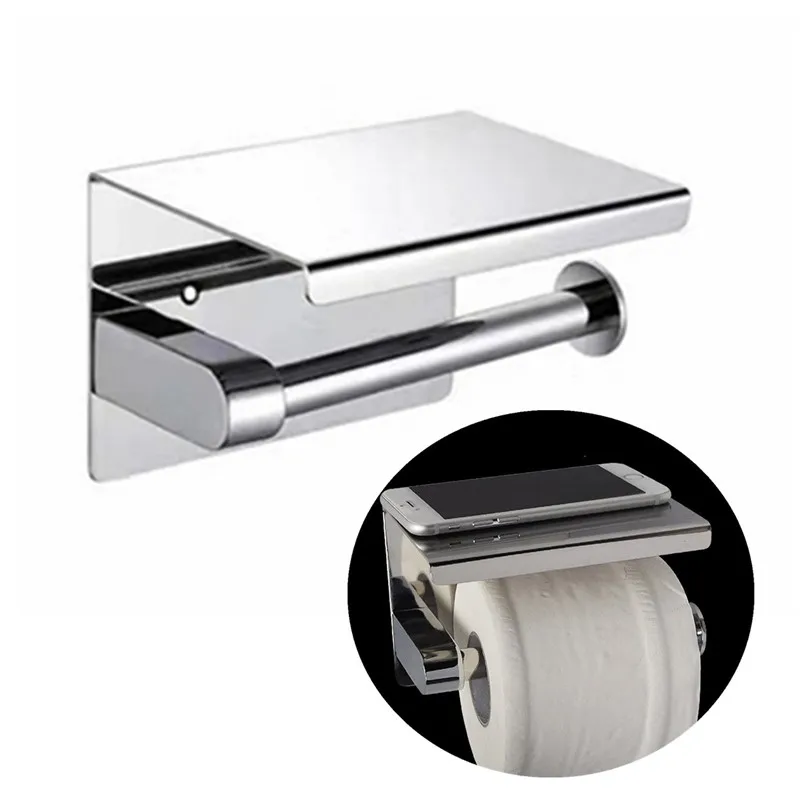 

Stainless Steel Bathroom WC Toilet Paper Roll Holder Bath Tissue Wall Mounted Storage Phone Holder w/ Storage Shelf Rack