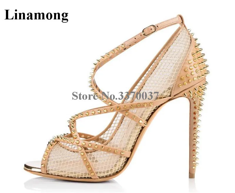 

Brand Design Women Fashion Peep Toe Nude Black Mesh Stiletto Heel Rivet Pumps Gold Metal Spike Strap Cross Lace High Heels