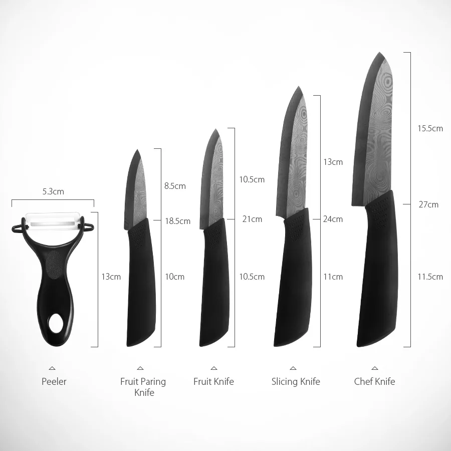 KCASA KC-KF5 5 Pieces Black Blade Zirconia Ceramic Knife Set Multi-function Chef Slicer Peeler 