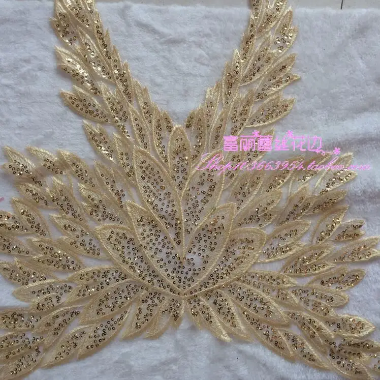 

1 Pc Gold Embroidered Flower Sequin Body Neckline Lace Applique Trimmings Collar for Evening Dress Sewing DIY Scrapbooking Patch