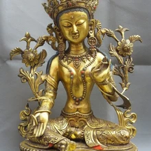 Коллекционные Бронзовый S1595 1" Тибет Тибетский Бронзовый свинка лотосе Зеленая Тара богиня статуя Будды