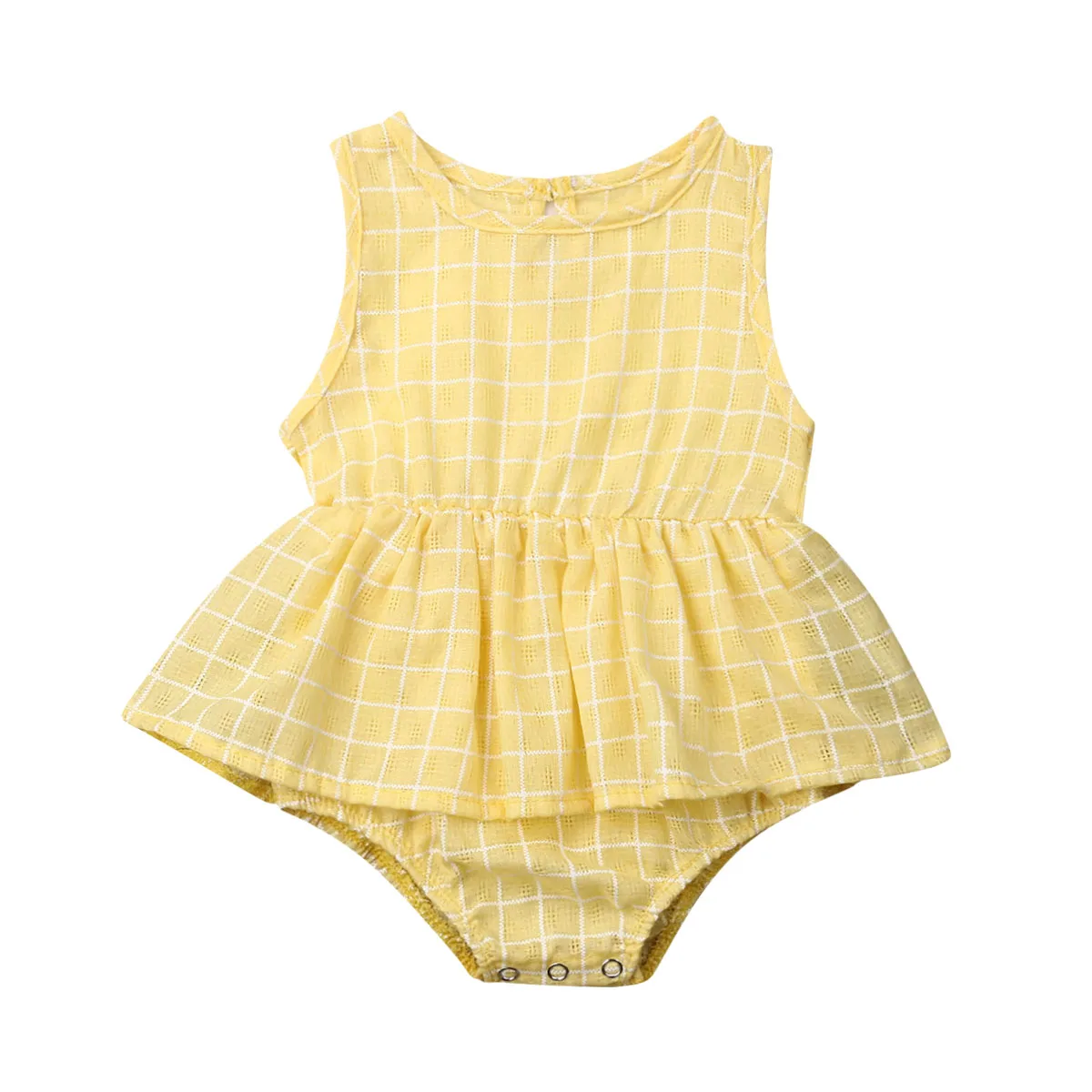 Для маленьких девочек с хлопковой подкладкой, платья-комбинезоны без рукавов с оборками и низким вырезом комбинезон в клетку для малышей, одежда, летняя одежда - Цвет: Цвет: желтый
