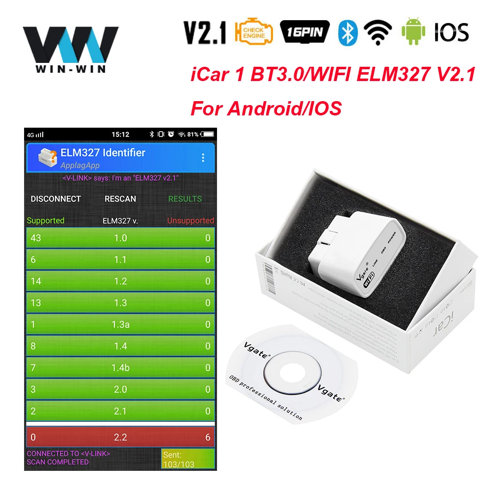 Vgate iCar1 ELM327 ELM 327 V2.1 OBD 2 OBD2 автомобильный диагностический инструмент для IOS/Android WIFI