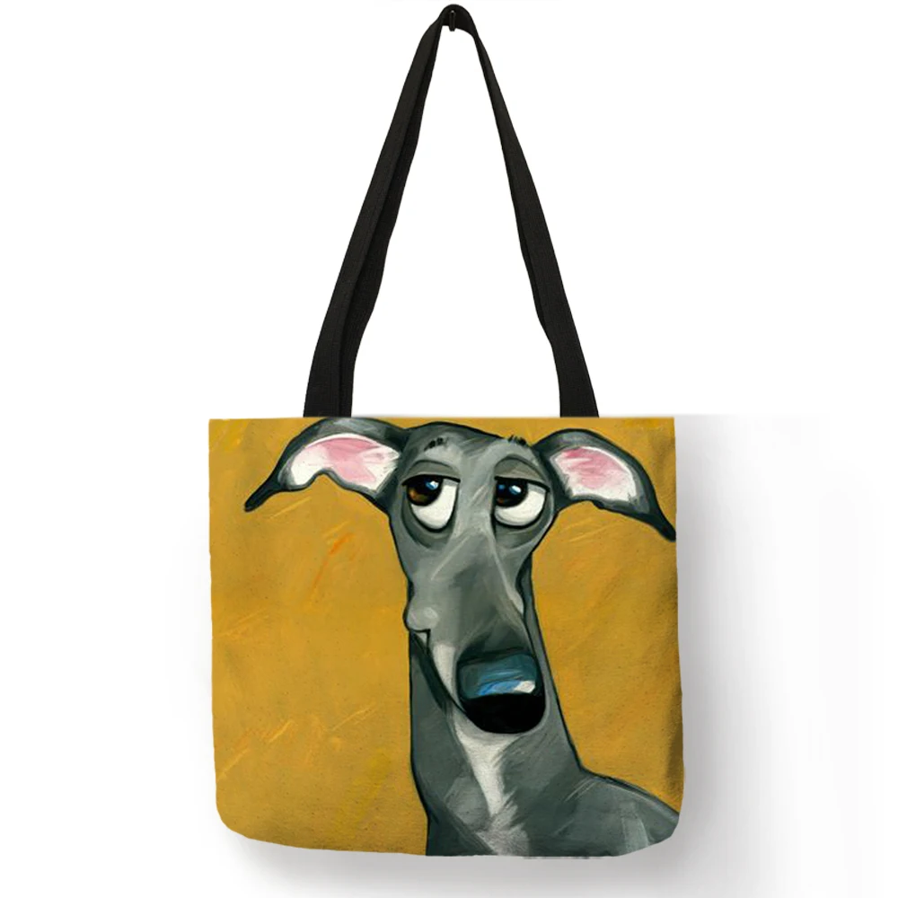 Customize Shopping Tote Greyhound Black Dog Print Women Lady Fashion Fabric Handbags Folding Reusable Shopper Bags