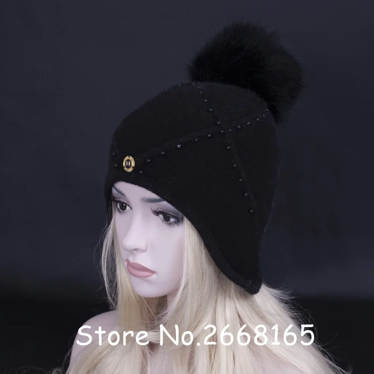 Новая модная однотонная шерстяная вязаная шапка с меховыми помпонами, женские зимние шапки высокого качества, зимне наушники шапка Skullies Beanies - Цвет: black