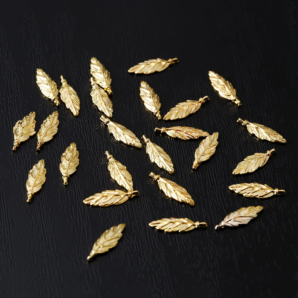 

100Pcs metal gold feather nail decals Feather/Leaf DIY Studs For Nails Design Charms Manicure 3D Nail Art Decorations 8mm/13mm