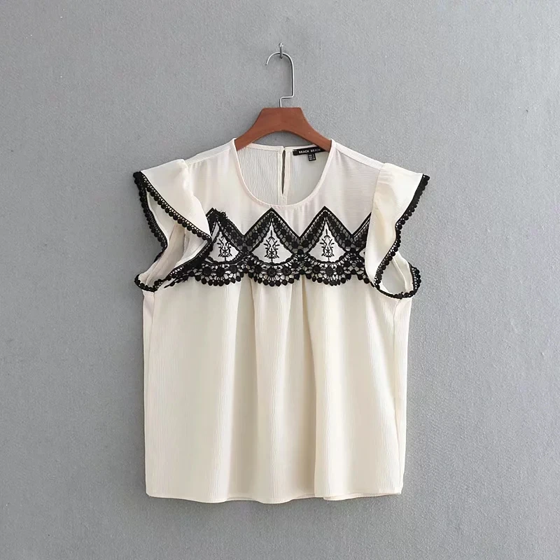 

Contrast Color Hollowing Embroidery Smock Butterfly Sleeve Women Shirt Casual O-Neck Blouses Loose Tops Fashion Chemise S5212