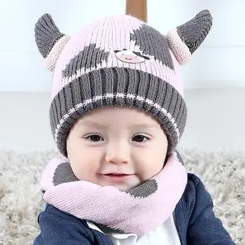 

Baby Cotton Cow-shaped Hat & Scarf Autumn Winter Children Hat Wool Wire Cap Protect Ear Thicker Warm Knitted Caps