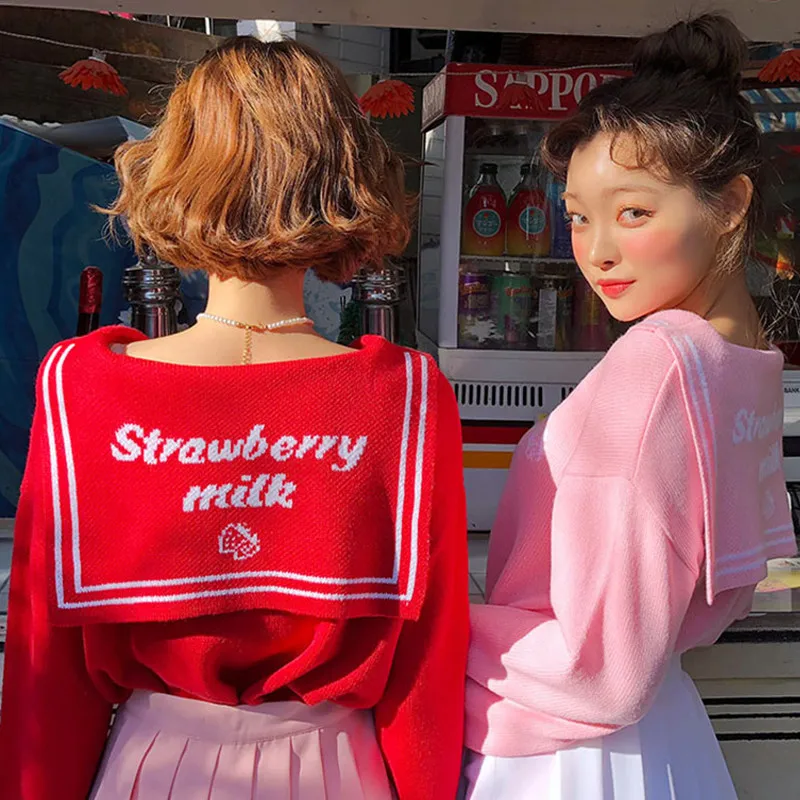 

Japanese Soft Girl Kawaii Sweater Women Autumn Winter Sailor Collar Letters Strawberry Pattern Jacquard Knitted Sweater Pink Red