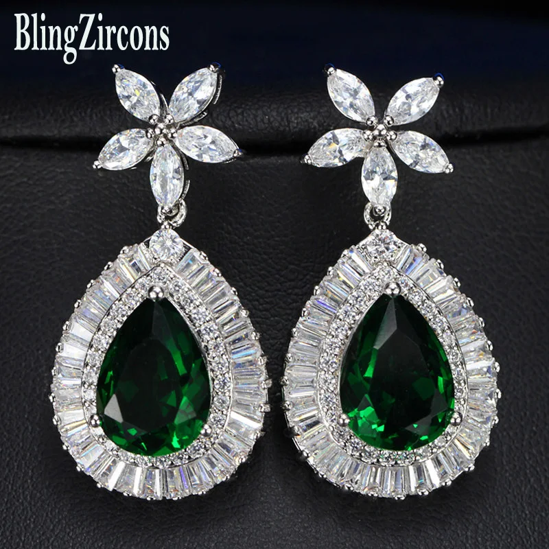 

BeaQueen Luxury Big Teardrop Green Cubic Zirconia Crystal Costume Earrings for Women Dinner Party Dress Accessories E022