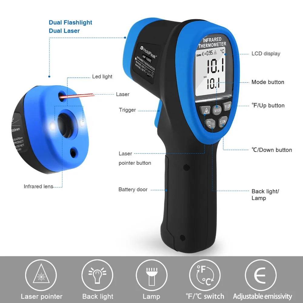 

High temperature Infrared Thermometer handheld gun,-50'C--1800'C,High Temp Tester with Backlit Flashlight,HOLDPEAK, HP-1800