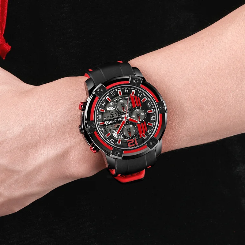 MEGIR Chronograph Mens Sport Watches with Silicone Band Big Dial Military Quartz Watch Men Clock Re