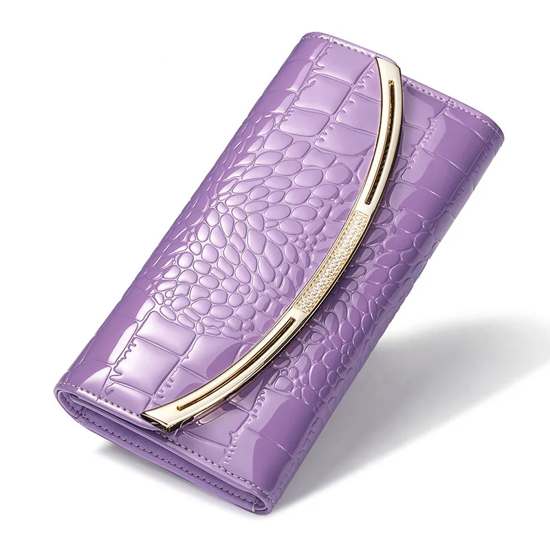 Qiwang Fashion Luxury Purses And Handbags For Women Wallets Cow Split Leather Long Purses Female Wallets Clutch Bag Crocodile - Цвет: Purple