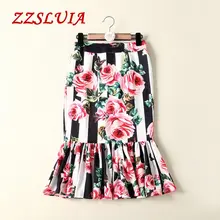 Высокое качество Новое поступление модные цветочные полосатые печатные оборки подол Дизайнер Высокая талия рыбий хвост женские юбки LKH050805
