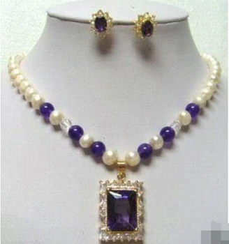 

free shipping $wholesale_jewelry_wig$ 7-8mm Fresh water white Pearl Purple pendant Necklace Earring Sets