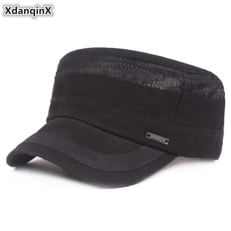 

XdanqinX Summer Mesh Cap Men's Breathable Flat Caps Army Military Hats Adjustable Head Size Ventilation Sports Cap Snapback Cap