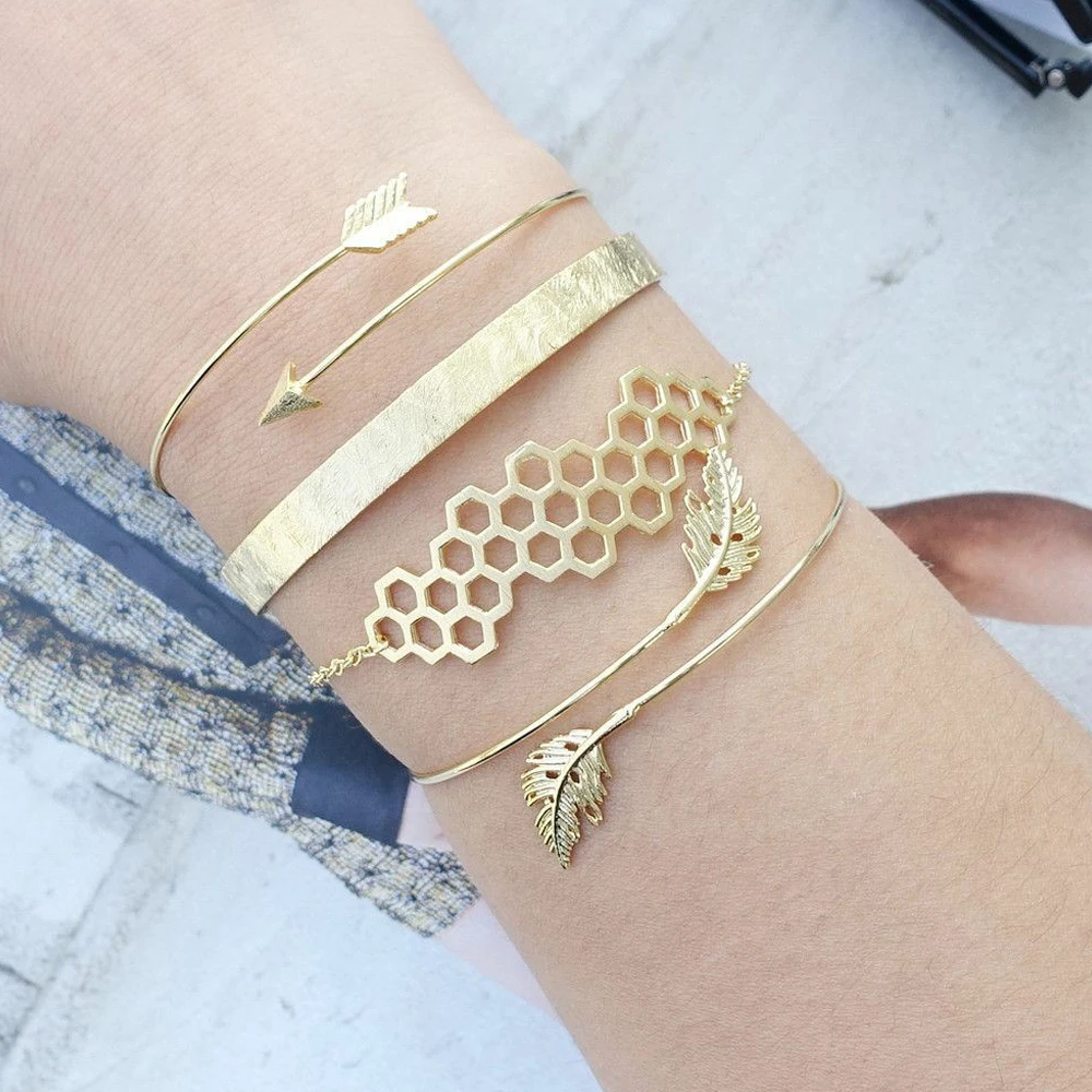 

4 Pcs/set Bohemian Retro Leaf Arrow Honeycomb Geometric Open Bracelet Set Women Charm Bangle Party Jewelry Gift Accessories