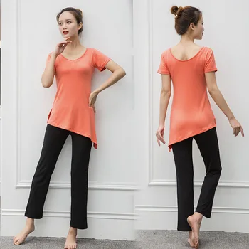 

Women Fintess Yoga set Ruffle T-shirt Pant Sport Set Gym Clothes Sport wear Two Piece Training suit Quick dry Plus size