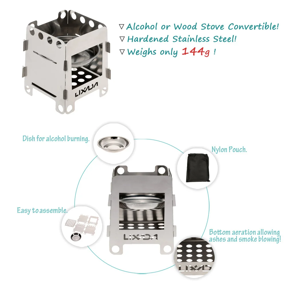 Lixada дровяная плита из нержавеющей стали для кемпинга, легкая портативная плита для пикника, спиртовые печи с сумкой для хранения
