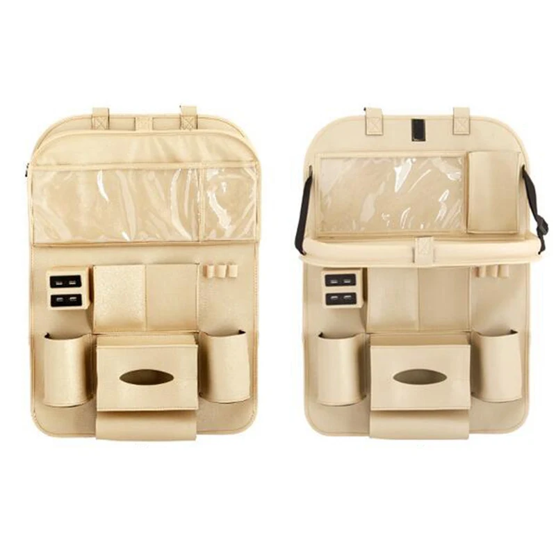 Car Backseat Organizer with Dining Table PU Leather PVC Transparent Bag Auto Back Seat Pocket Storage Bag Tray with 4 USB Ports (9)