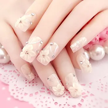 

Nail Factory Wholesales 24pcs fake nails with glue Nude crystal pearl decoration Carving Flowers finger Nail tips faux ongle