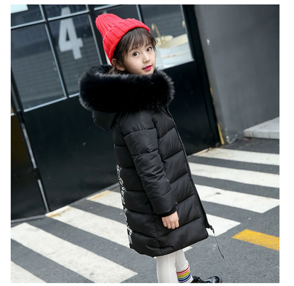 Детская зимняя куртка с капюшоном для девочек, новые модные детские теплые толстые длинные пуховые пальто с меховым воротником и капюшоном подростковая одежда, парка