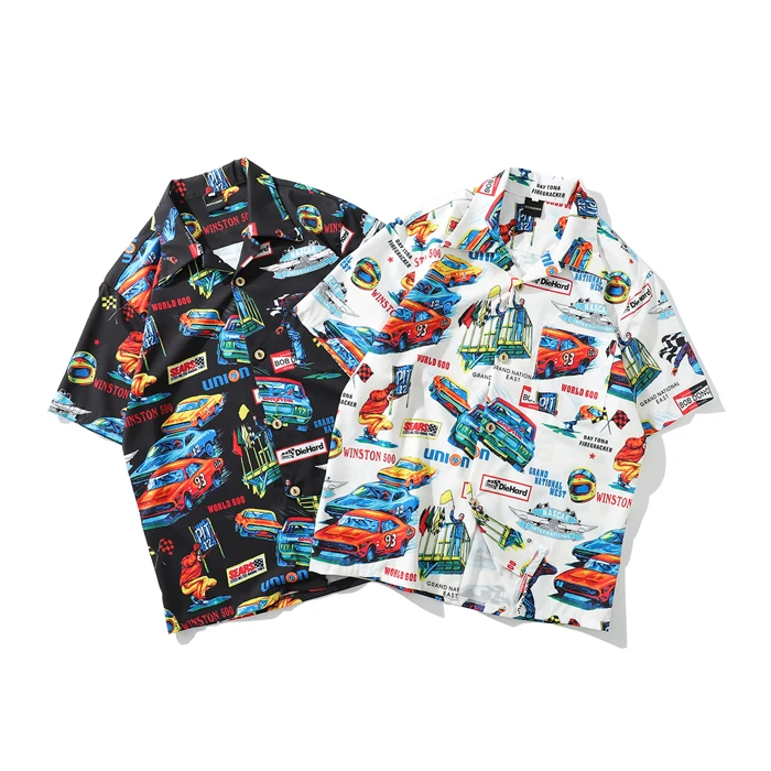Мужская Уличная одежда в стиле хип-хоп Харадзюку, Гавайские рубашки с коротким рукавом, летние мужские повседневные рубашки с принтом гоночного автомобиля