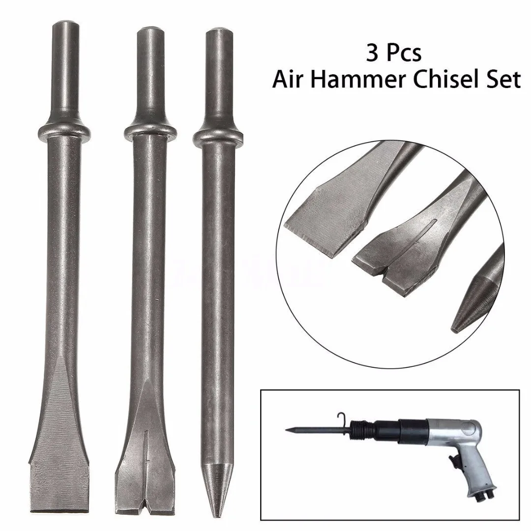 3 Pcs 7'' Length Air Hammer Punch Chipping Chisel Long Bit Set Round Bar Tool