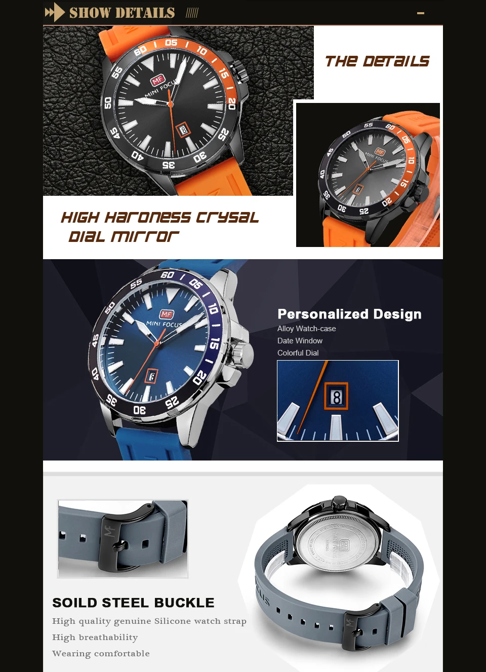MINI FOCUS Army Military Sport Watch Men Quartz Clock Orange Rubber Strap Ocean Dial Date Display F