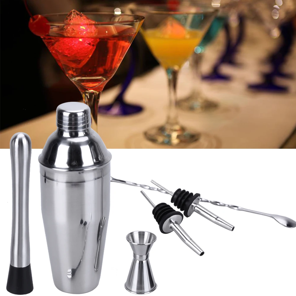750ml Stainless Steel Cocktail Shaker with Swizzle Stick Mixing Spoon Set 6pcs Wine Martini Mixer Bartender