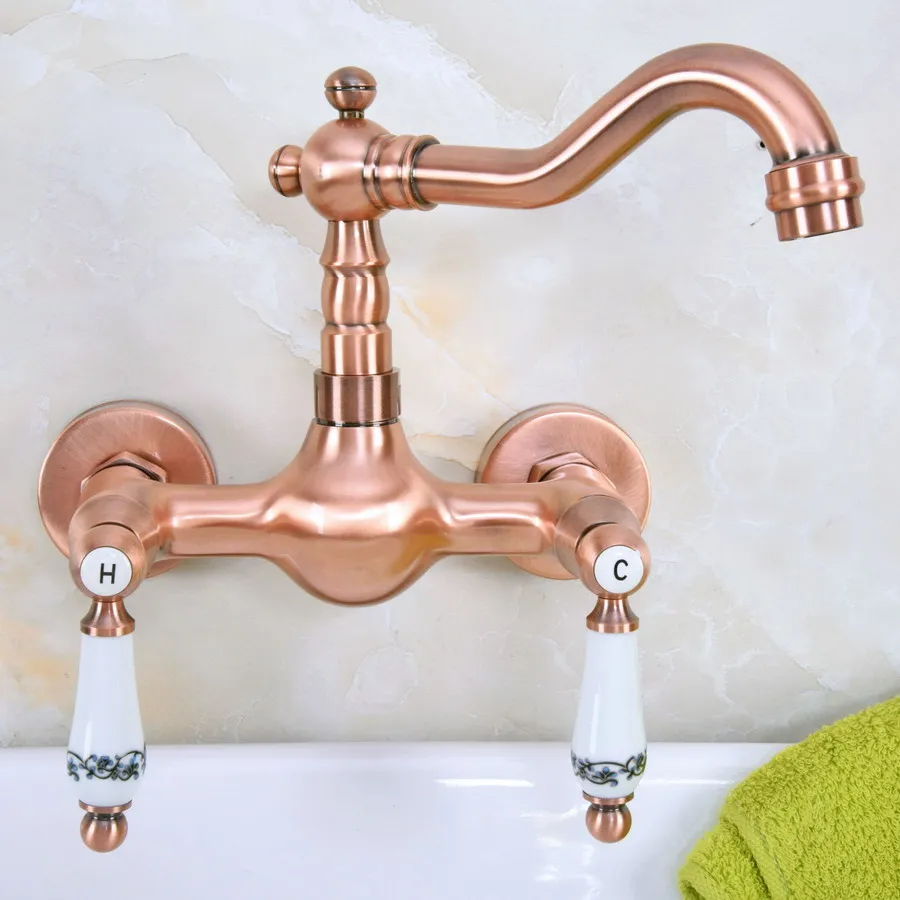 Antique Red Copper Brass Wall Mounted Bathroom Kitchen Sink Faucet Swivel Spout Mixer Tap Dual Ceramics Handles Levers anf950
