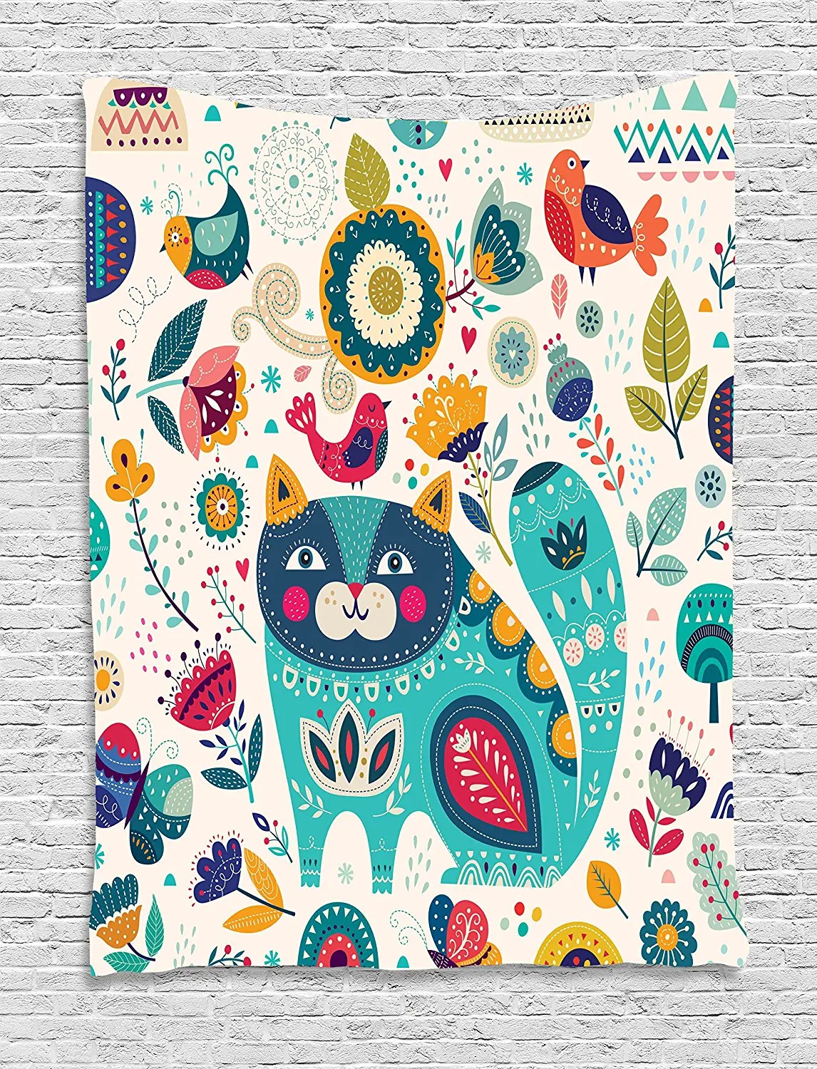 

Cat Tapestry Decor Cat Figure with Birds Flower Leaf Trees Butterflies Spring Ornate Illustration, Wall Hanging for Bedroom