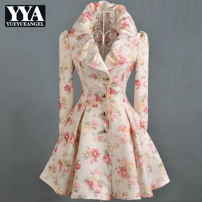 

Elegant Women Fashion Floral Printing Big Lapel Collar Skirt Jackets Long Sleeve Single Breasted Slim Fit Female Outerwear Coats
