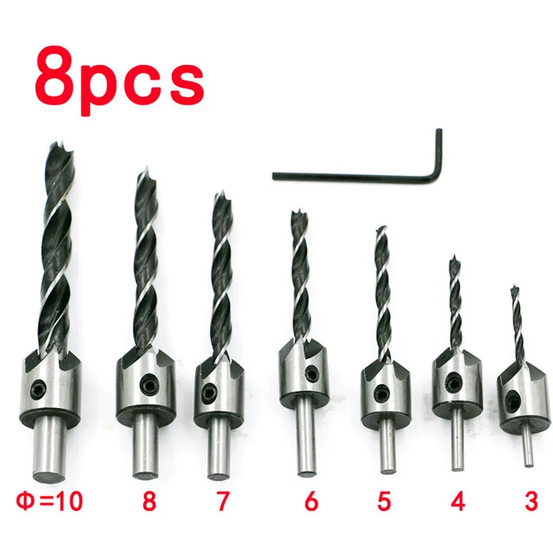 

7pcs Countersink head Drill Bit Set Reamer Woodworking Chamfer 3mm-10mm Core Drilling Tools & 1 x L-wrench HSS Drills 4241