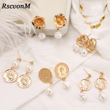Rscvonm Nieuwe Korea Ontwerp Metal Gold Geometrische Onregelmatige Cirkel Vierkante Natuurlijke Zoetwater Parel Stud Oorbellen Voor Vrouwen Girl Gift(China)