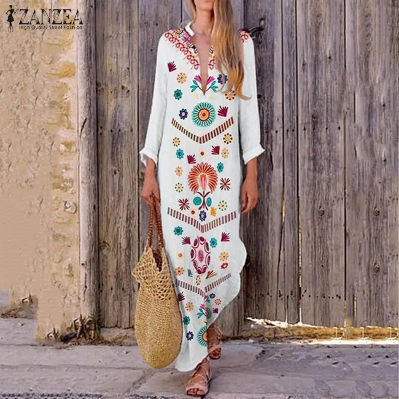 ZANZEA женское богемное длинное платье с цветочным рисунком, летнее платье с разрезом на подоле для вечеринки, женский сарафан с длинным рукавом и v-образным вырезом, для работы, Vestido Kaftan 5XL