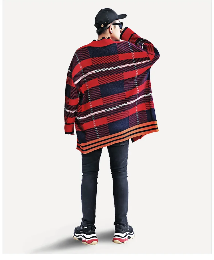 Мужской свитер Blusa Masculina, Модный осенне-зимний клетчатый кардиган в стиле хип-хоп, большие размеры, кардиган Kpop ropa, мужские свитера с N-образным вырезом