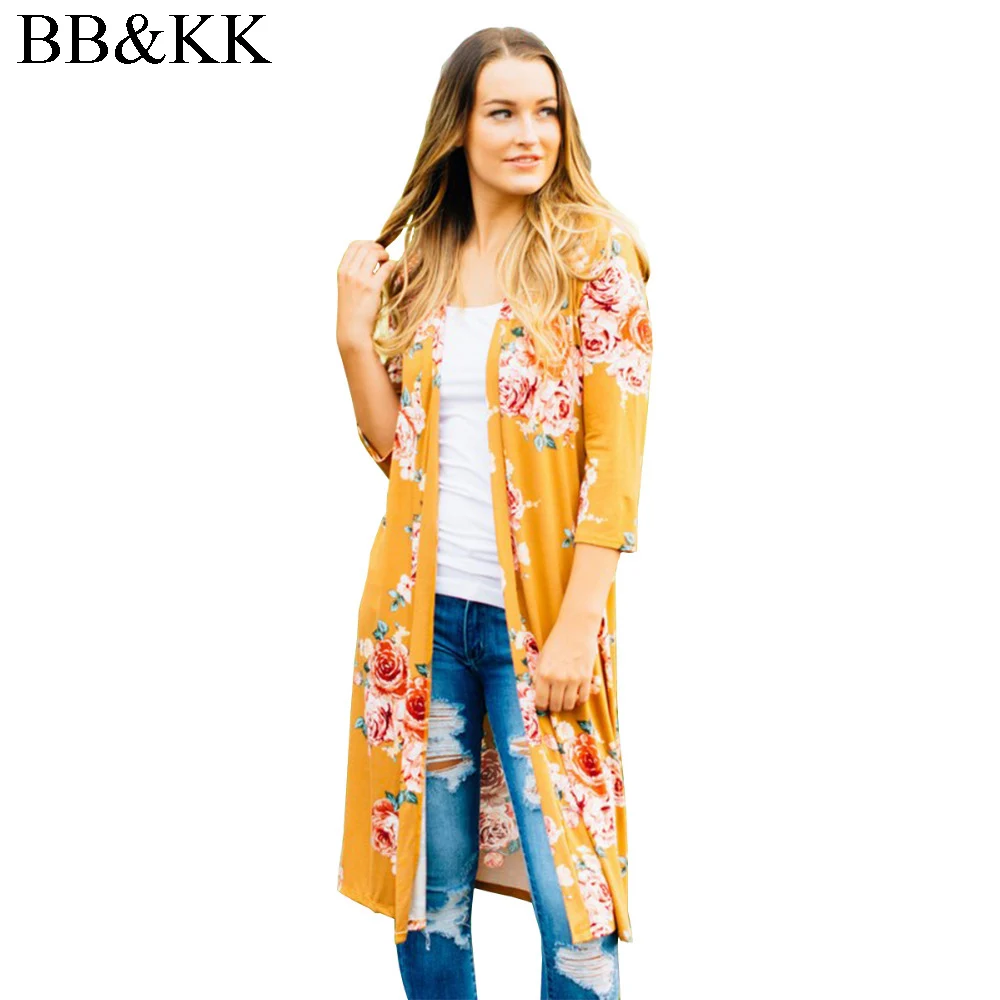 

Women Winter Three Quarter Sleeve Long Cardigans Regular Floral Printed Kimono Cover Ups Casual Vintage Outwear 3Color S-3X