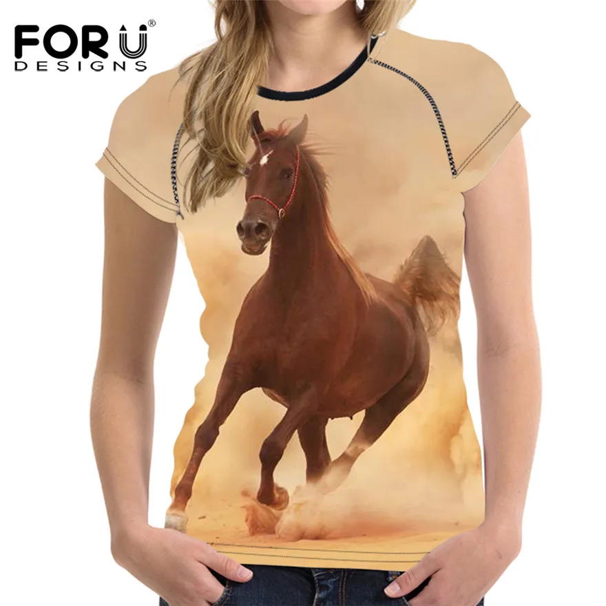 FORUDESIGNS/Винтаж для женщин Летняя Базовая футболка 3D лошадь животных Женские топы повседневное с короткими рукавами женские рубашки для девочек женс - Цвет: H987BV