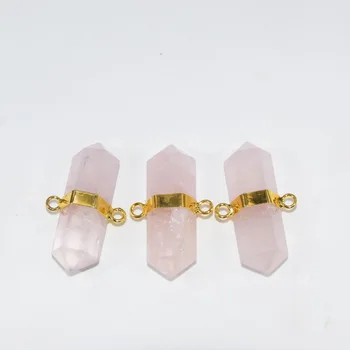 

Natural Rose Crystal Quartz Hexagonal Connector for necklace 6 Face Column Pink Love stone pendant connector pendant Femme 2019