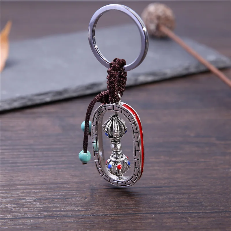

Vintage Religious Buddhist Instrument Vajra Keychain Six-character Truth Words Alloy Pendant Key Ring Men Key Chain Jewelry
