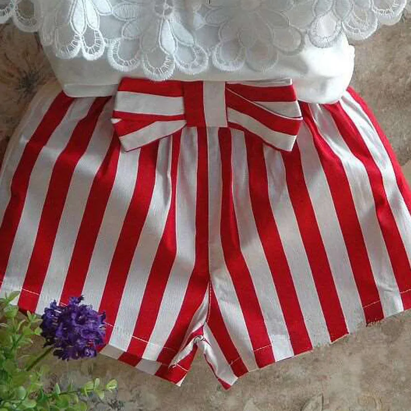 Big Cow Girls Clothing Sets Summer Fashion Baby Girl Clothes Lace Cotton Straplress Shirt+Striped Shorts 2Pcssets Girls Outfits (4)