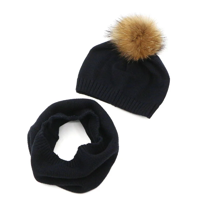 black set GZHilovingL/ зимний мягкий хлопковый шарф, шапка, комплект для детей, для мальчиков и девочек, с меховым помпоном, вязаная шапочка, шапка, детский однотонный шарф, комплект с кольцом - Цвет: black set