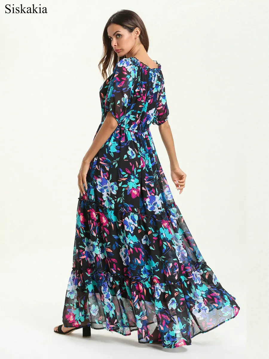 Siskakia Office Ladies Summer Dress Print Elastic Waist Slash Neck Wrapped Breast Long Dresses Color Chiffon Swing Female Dress (7)