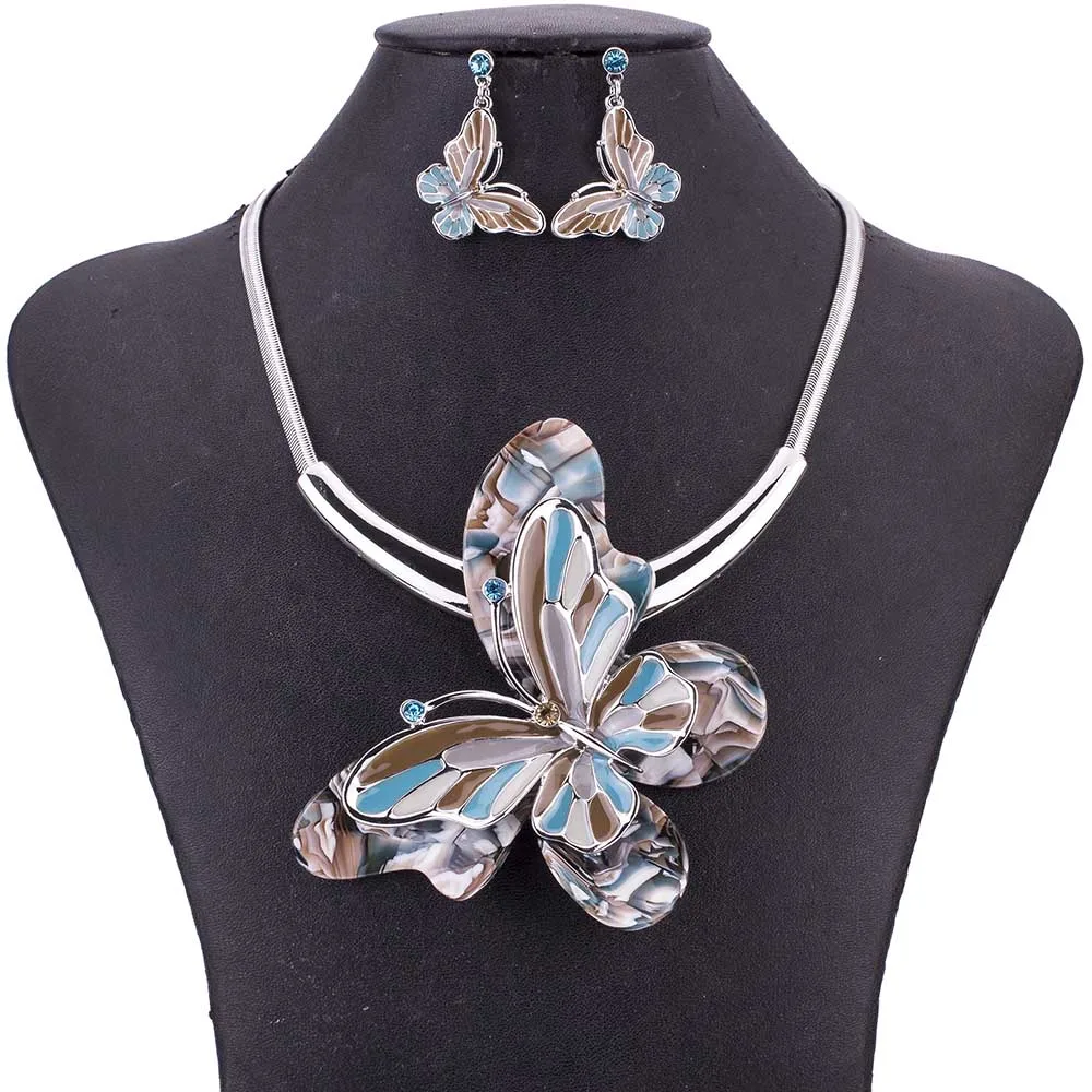 

MS1505010 Fashion Jewelry Sets Lead&Nickle Free High Quality Woman's Necklace Earring Set Blue Butterfly Pendant Necklace